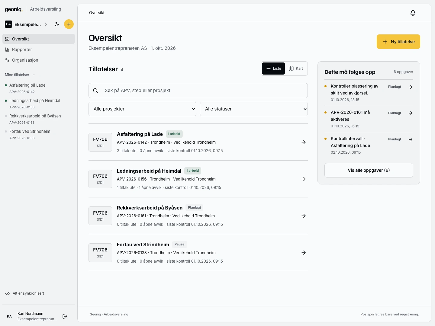 Geoniq Arbeidsvarsling med fire tillatelser, tiltak som står ute og en arbeidsliste for kontoret.