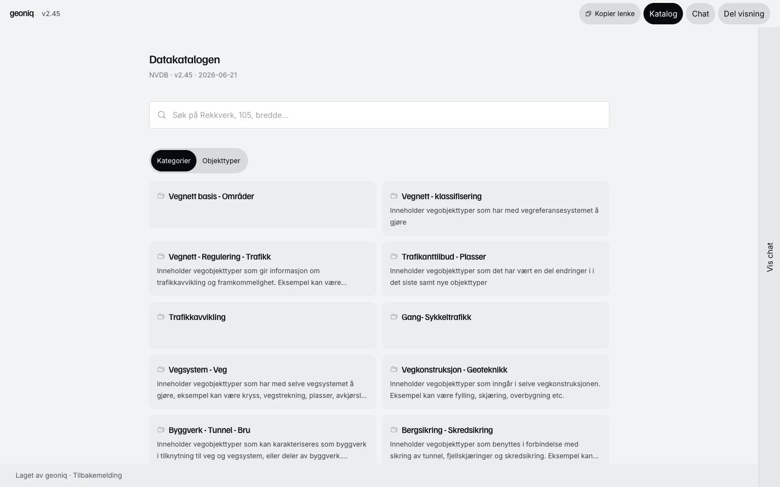 Datakatalogen med kategorier og søk i NVDB.